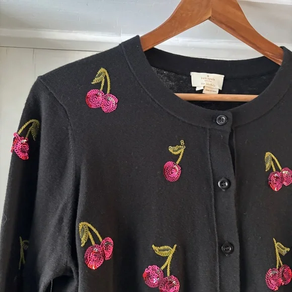 Kate Spade Sequin Cherries Black Cardigan Sweater Size L - Picture 4 of 16